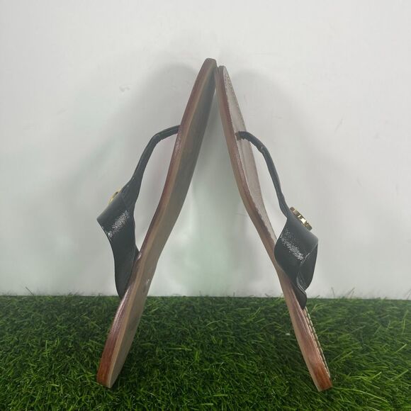 Tory Burch Terra Black Patent Leather Gold Logo Thong Sandals Size 7.5 - Picture 3 of 5